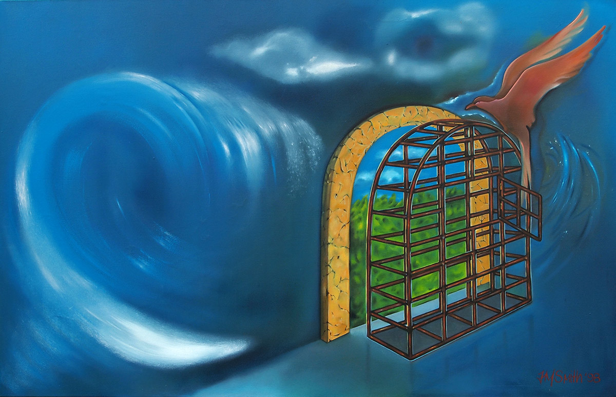 A swirling wave. A bird, an open cage and a distant landscape