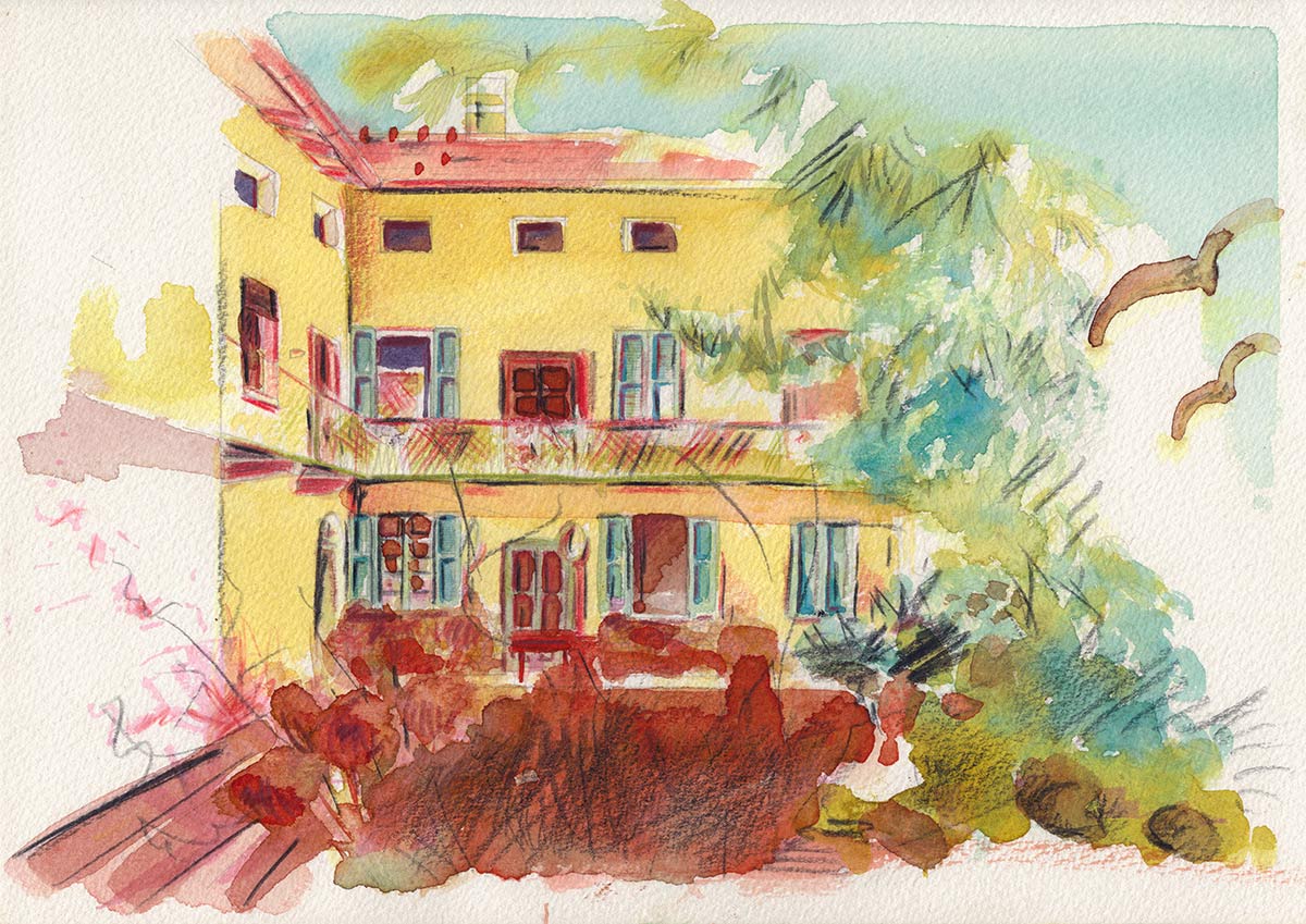 A house and courtyard with trees and birds