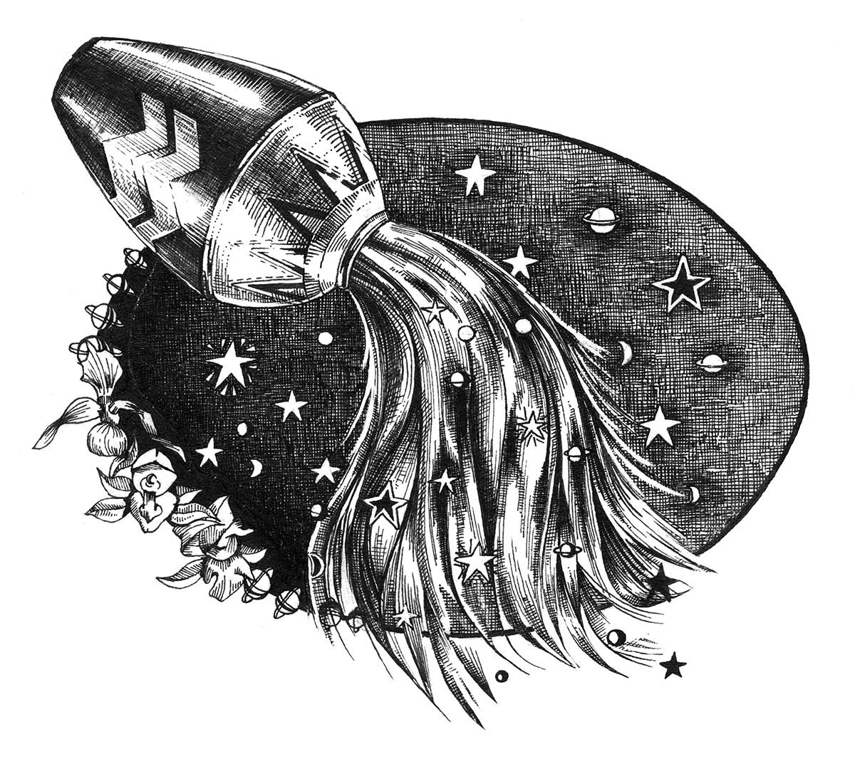 A water pitcher with water flowing from it, flowers and stars