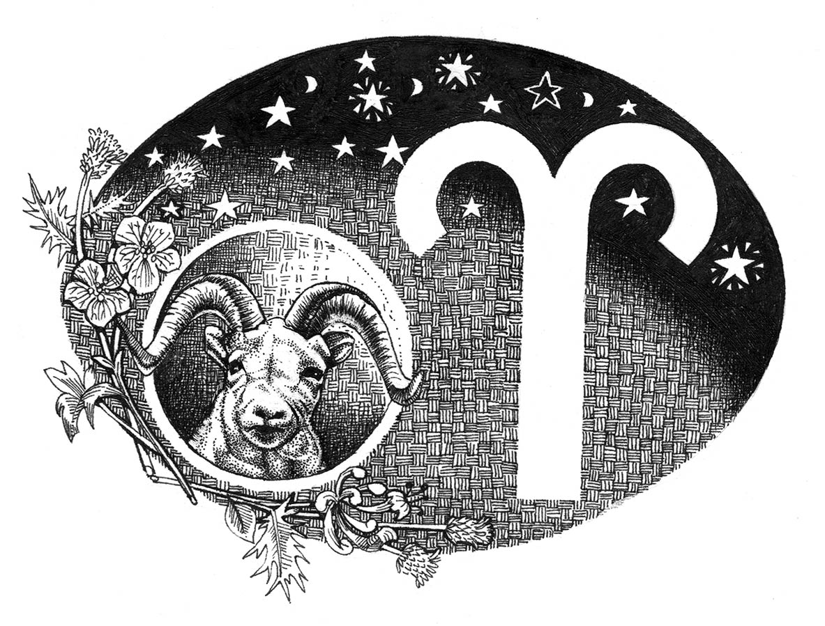 A ram, flowers and stars