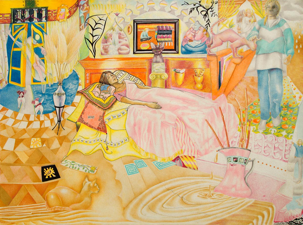 Woman lying in a bed and man walking into the room, with two dogs looking out a door. A cat, vases, patterns and pictures on the walls