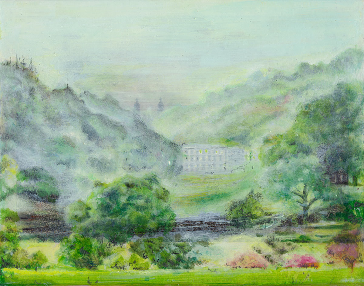 View of Belstone, Dartmoor in the mist, with mansion in the distance