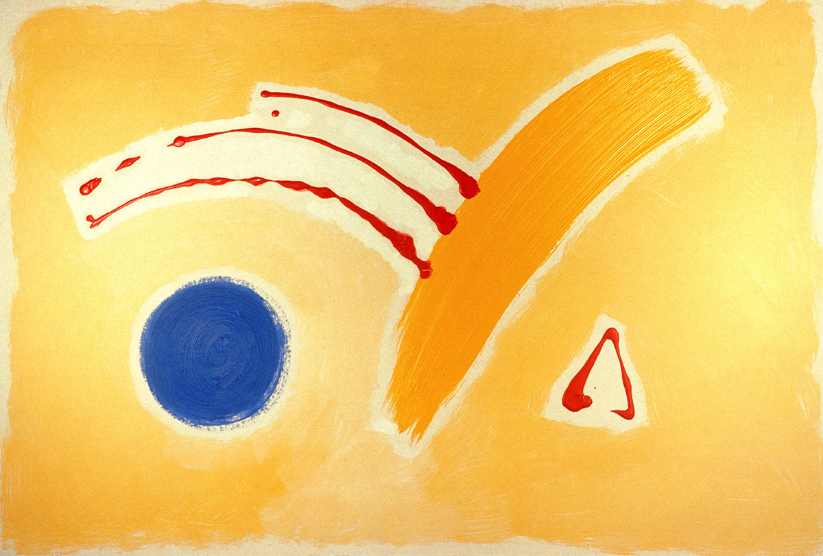 abstract with yellow stripe, blue circle and red triangle and lines