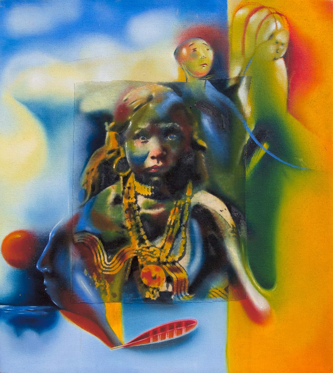 Native American child with abstract characters and sun in background