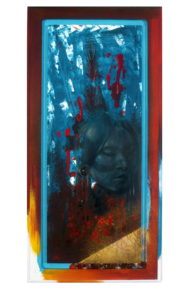 portrait of a human with red and blue background and gold powder