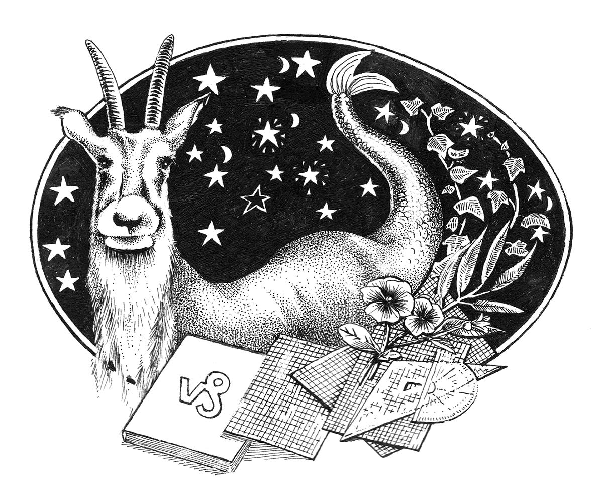 Goat with a fishes tail with mathematical implements, stars and flowers