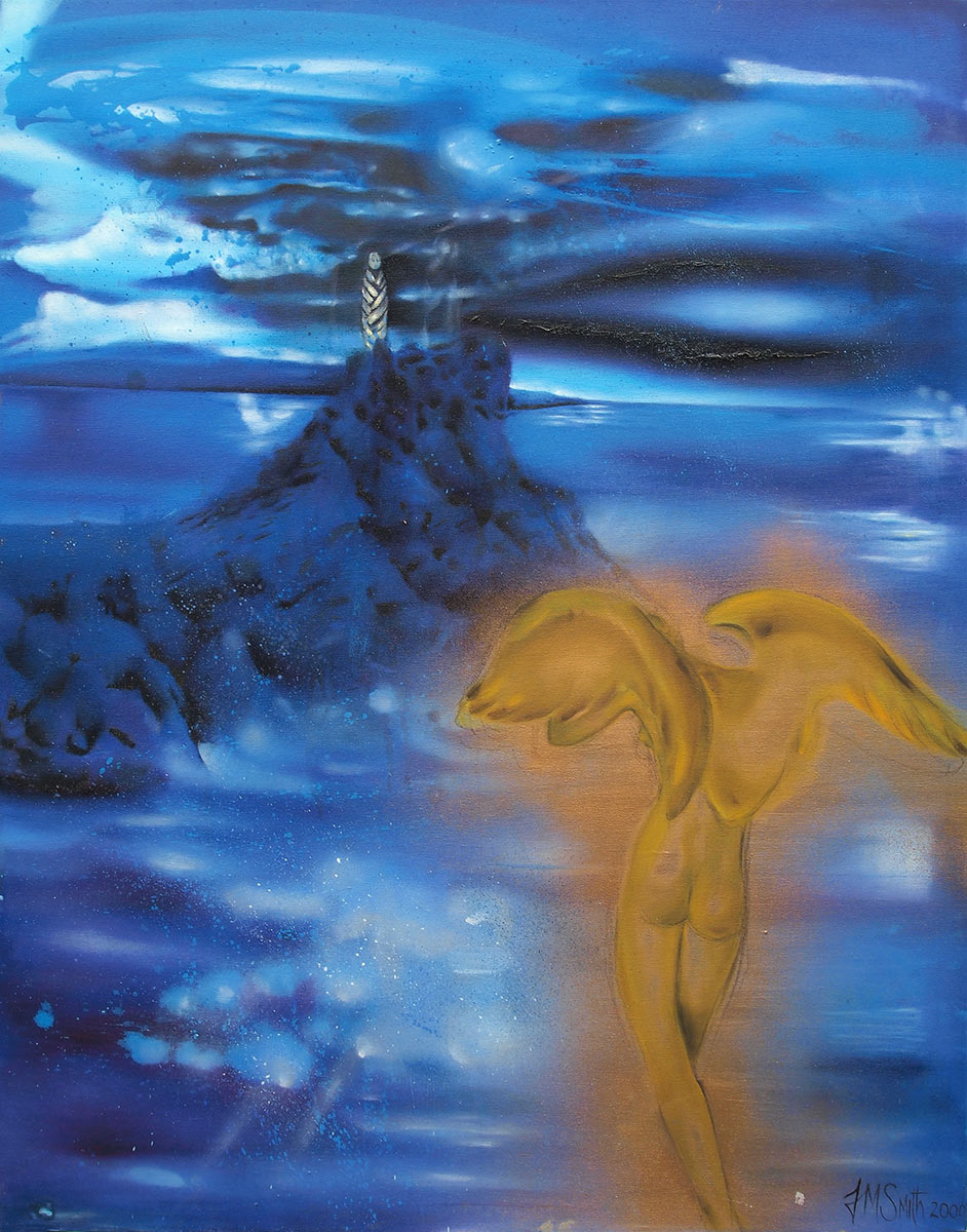 Golden angel in the foreground looking over the sea to a cliff with a figure wrapped in bandages