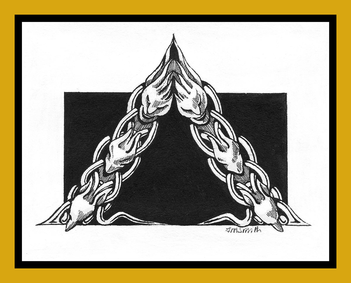 linked faces of animals and creatures in a triangular shape