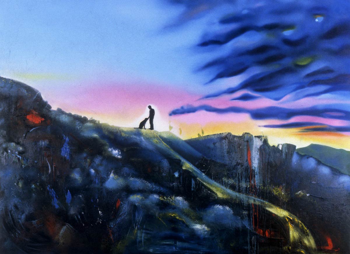 A man and a dog in the distance on a hill