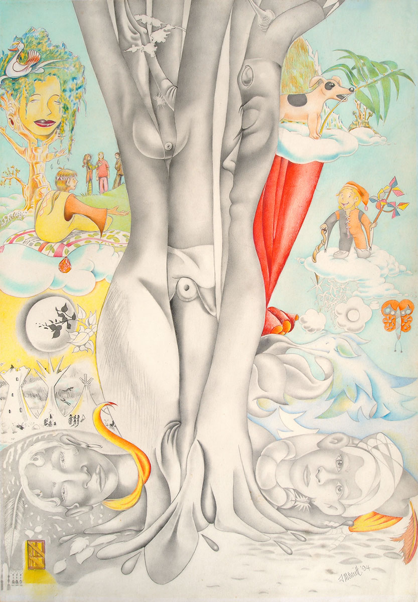 A tree which looks like a womans body. Faces in the lanscape and unusual characters