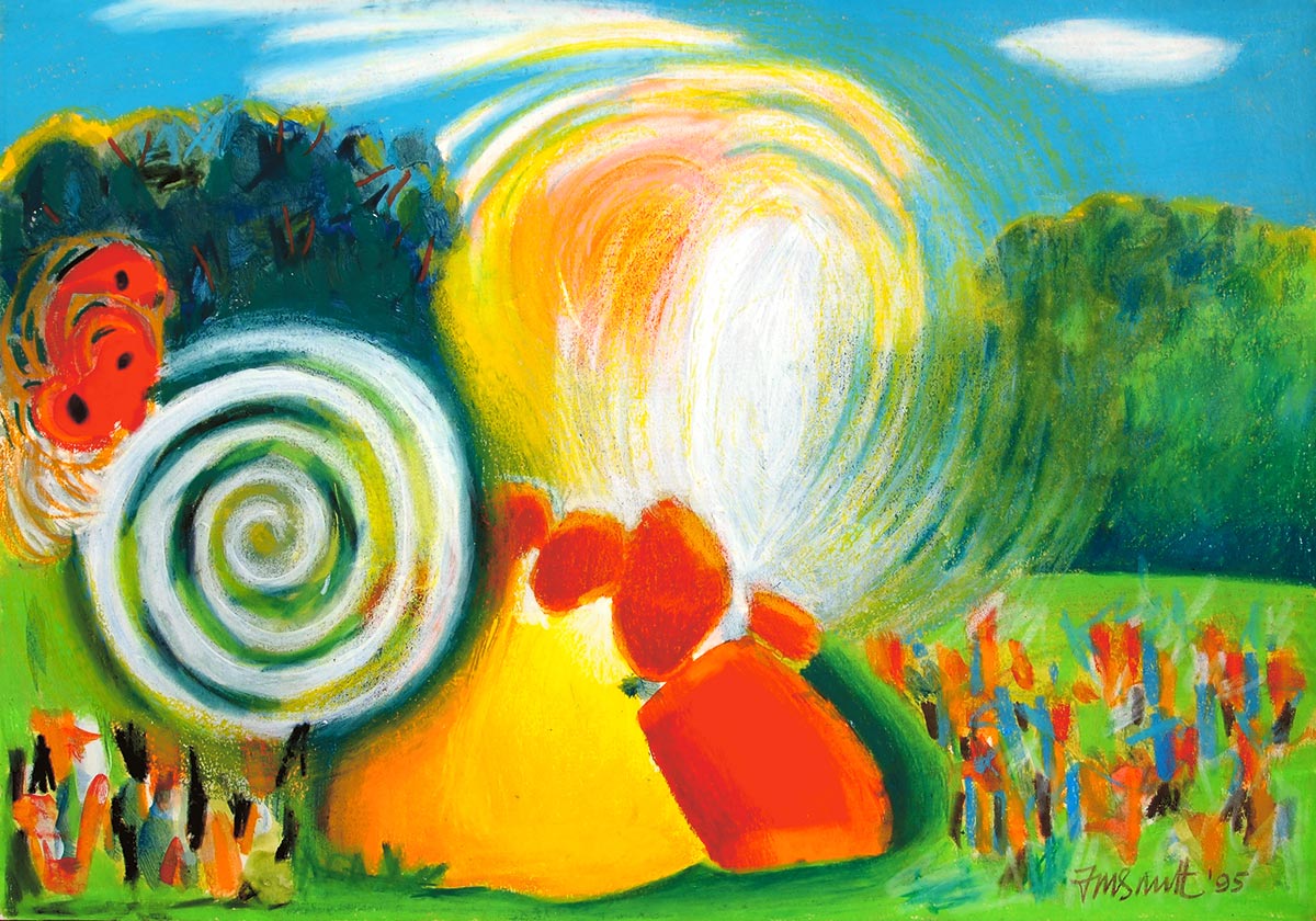 abstract people in a group with swirls and bushes