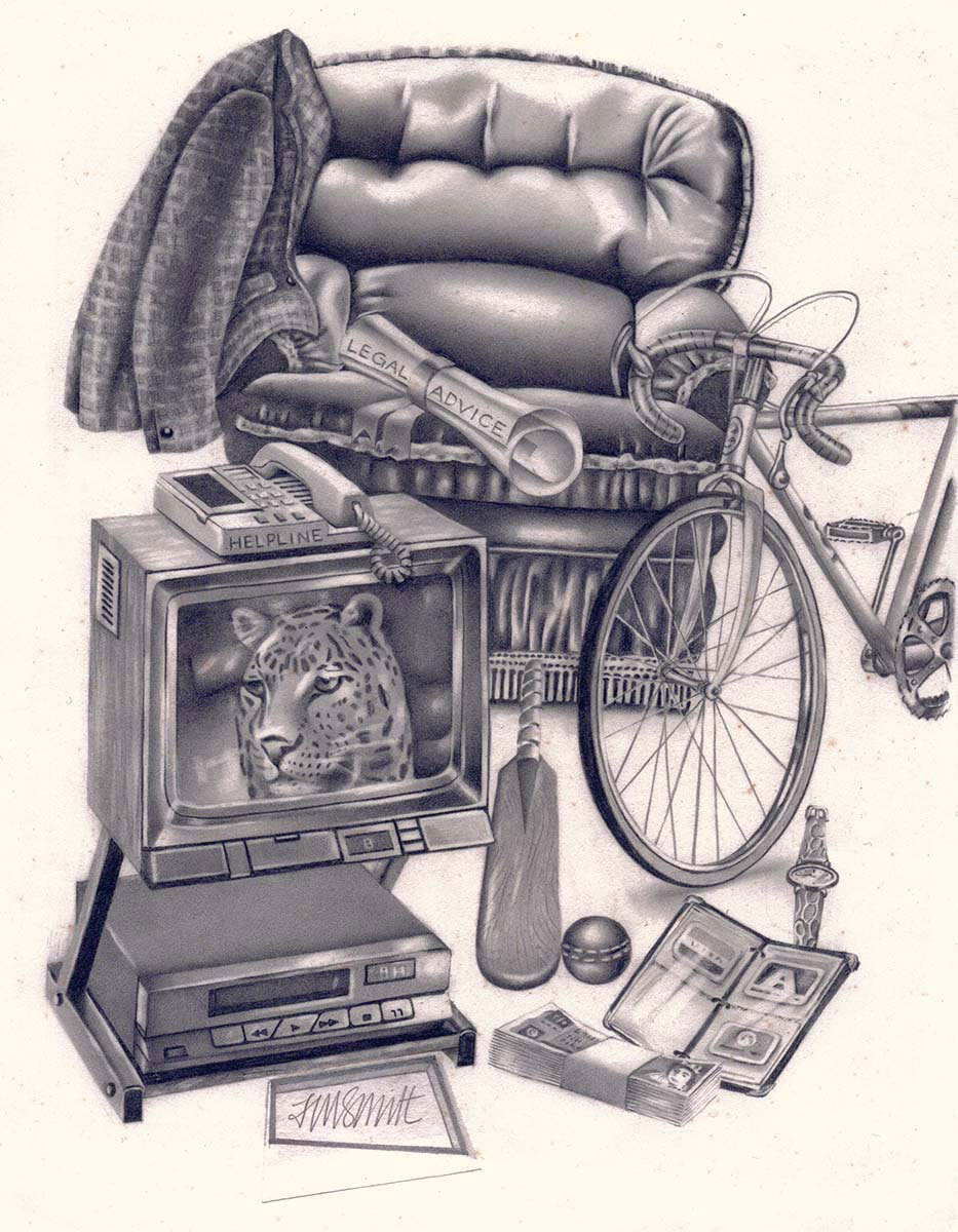 A chair, coat, bicycle, TV, cricket bat, watch, money and credit cards