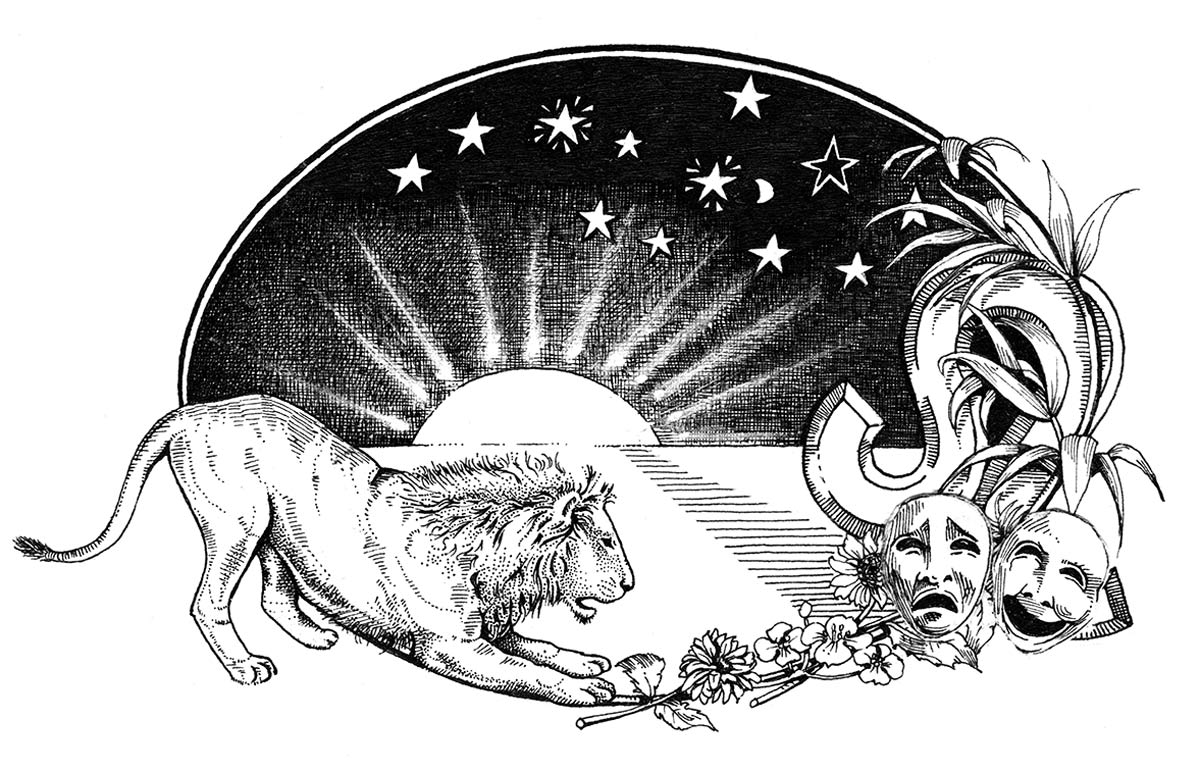 A lion, smiling and sad masks, sunset and stars