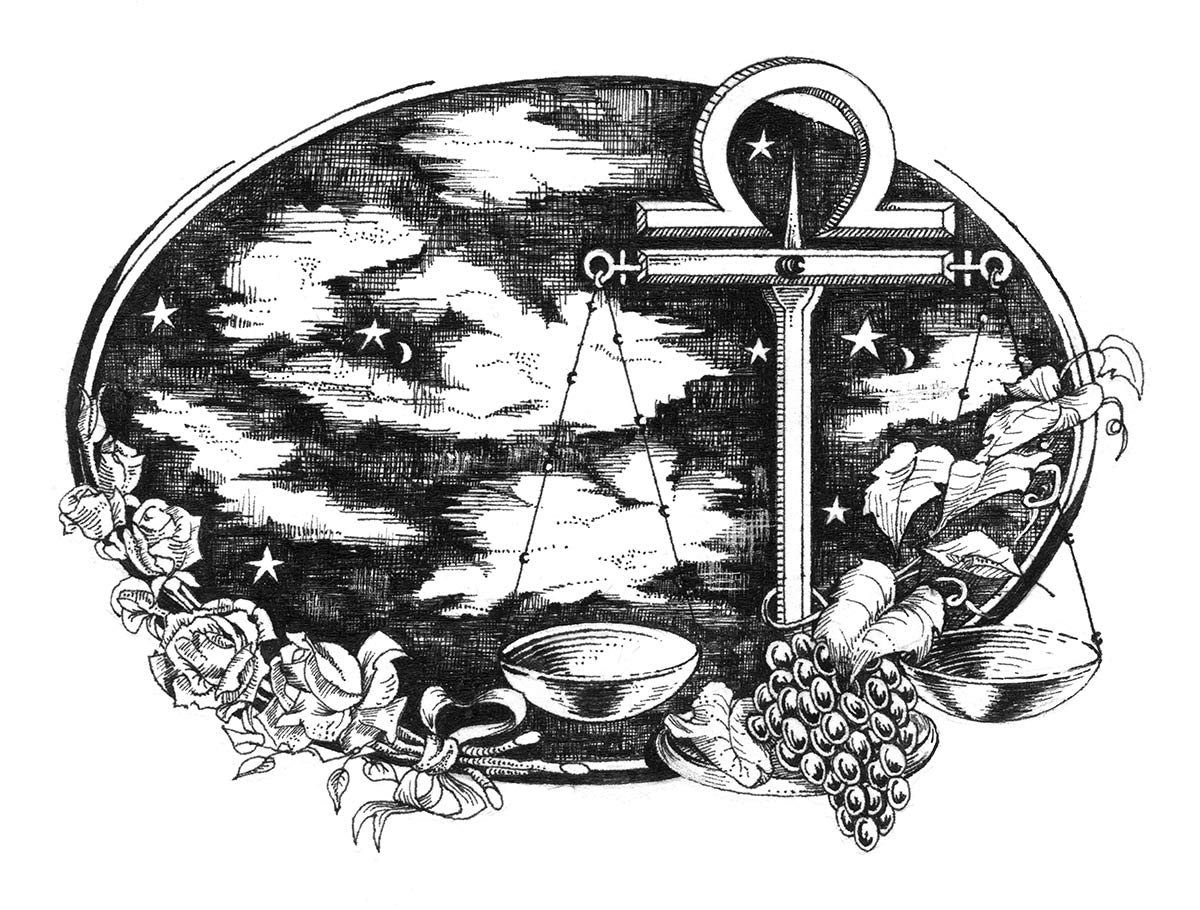 Scales, grapes, flowers, clouds and stars