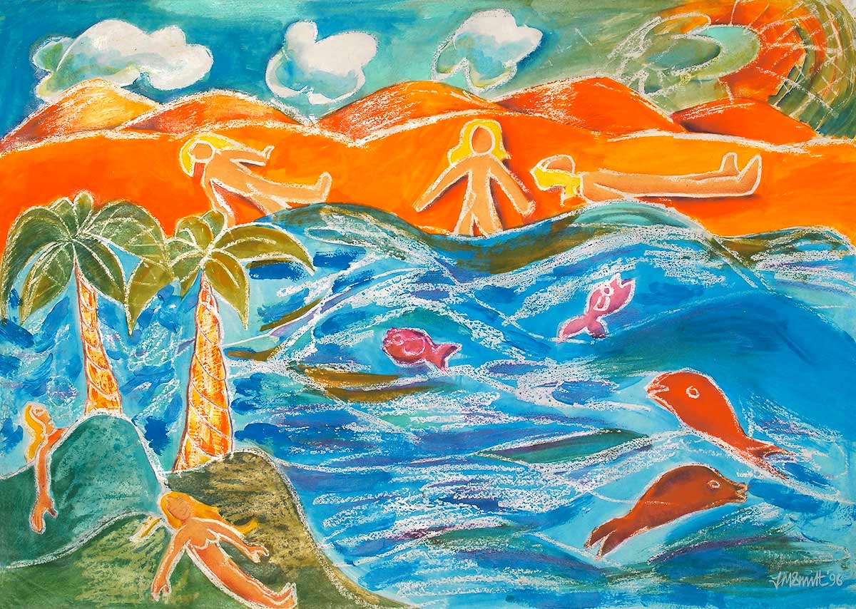 people lying on a beach with fish and palm trees