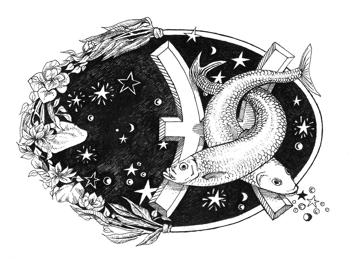 Two entwined fish with flowers and stars