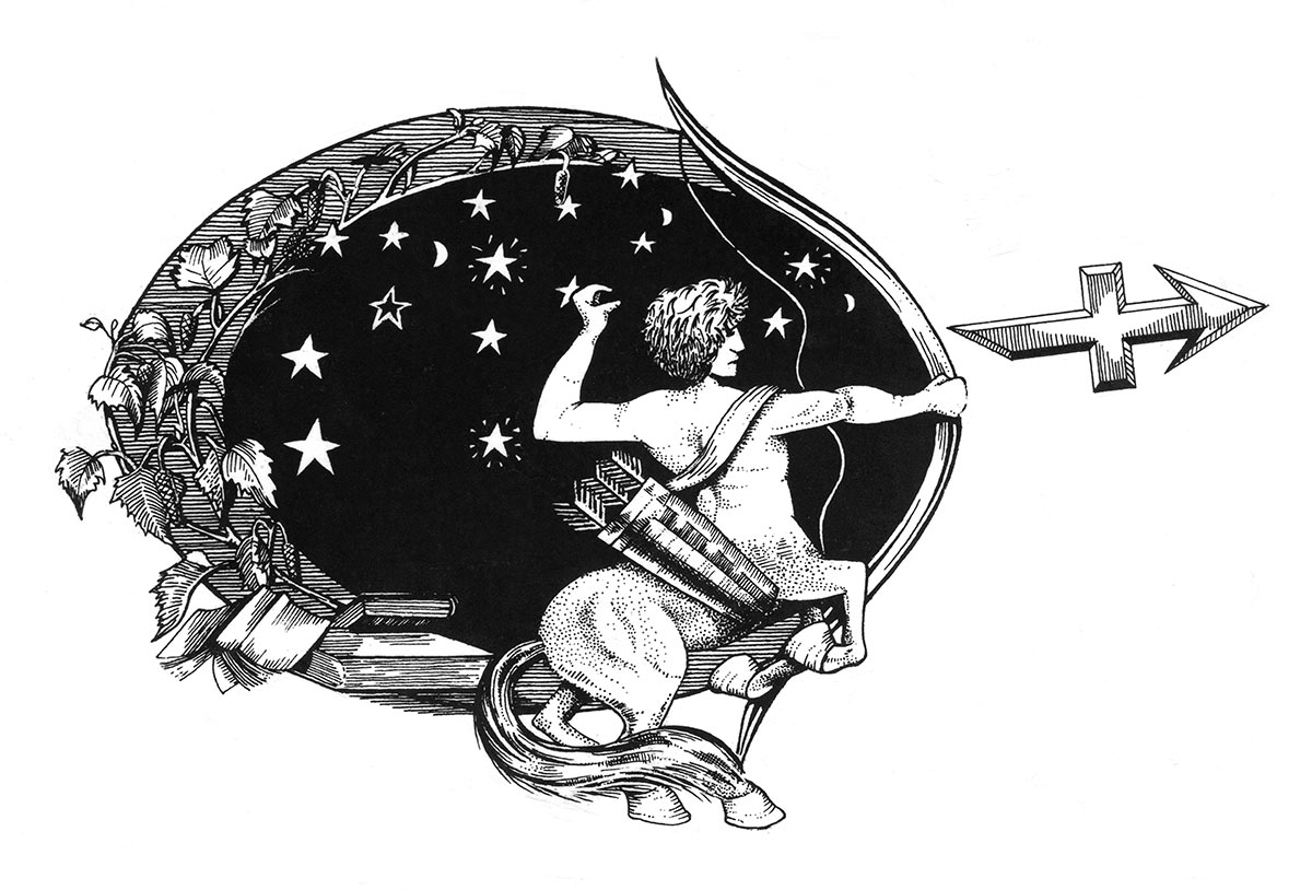 Man/horse shooting an arrow from a bow with leaves, books and stars