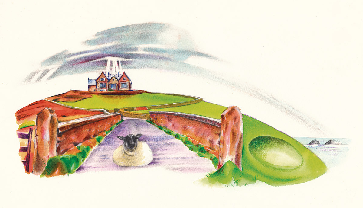 a sheep lying in the road on a bridge with a house in the background