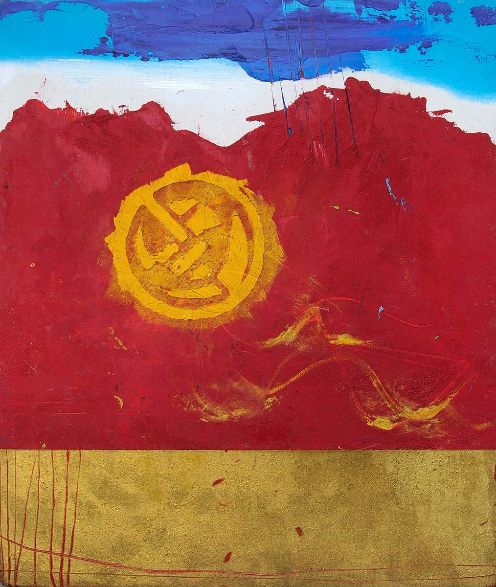 yellow chinese circle on red background with blue and gold patterns