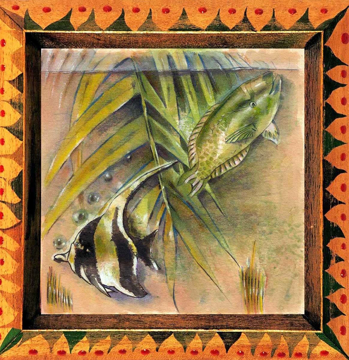 Two fish swimming with vegetation