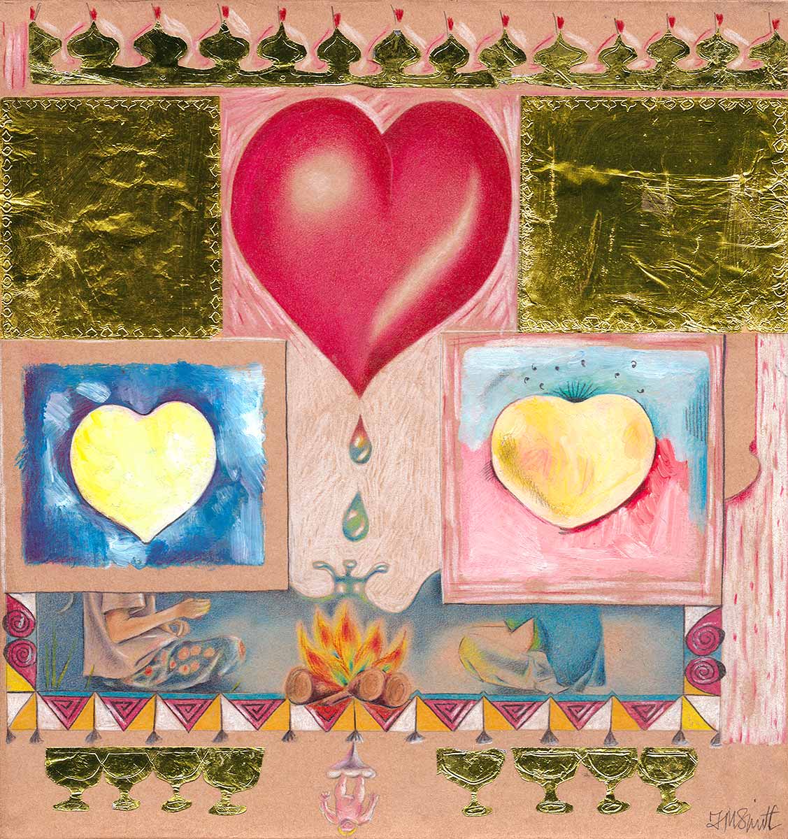 Red heart, yellow hearts. Two people sitting by the fire