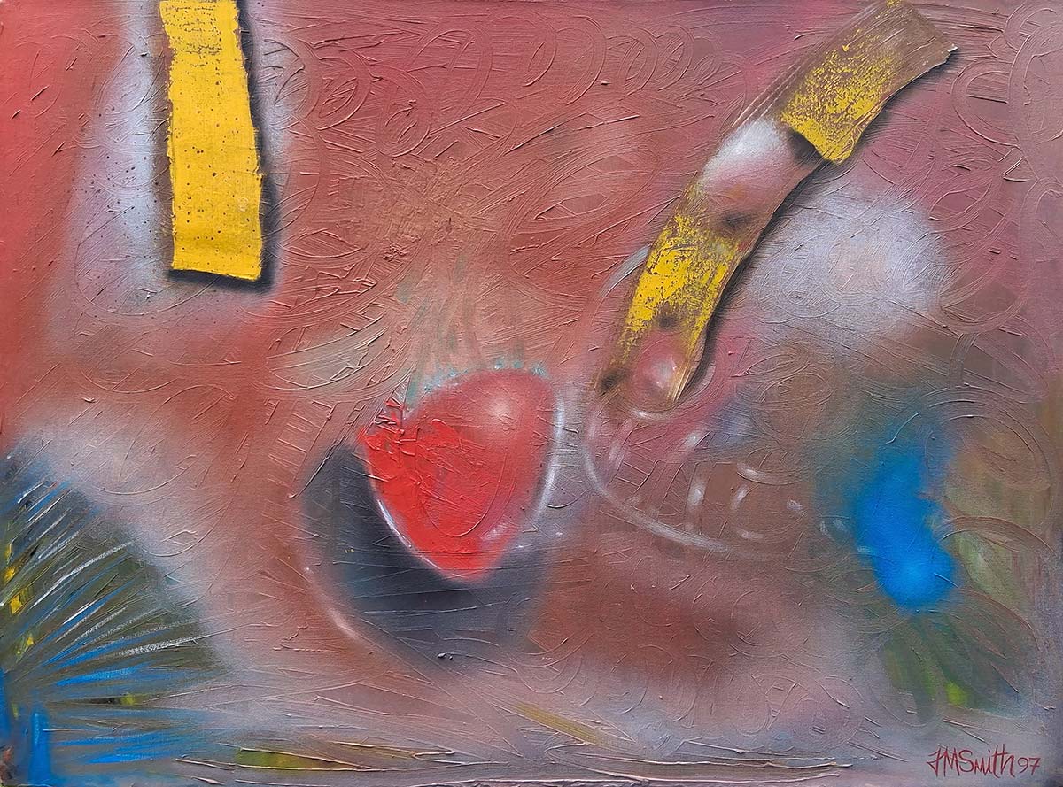 Abstract oil painting with heart symbol.