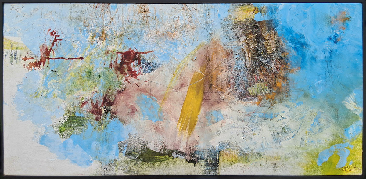 Abstract mixed media painting, with blue, red, yellow and gold.