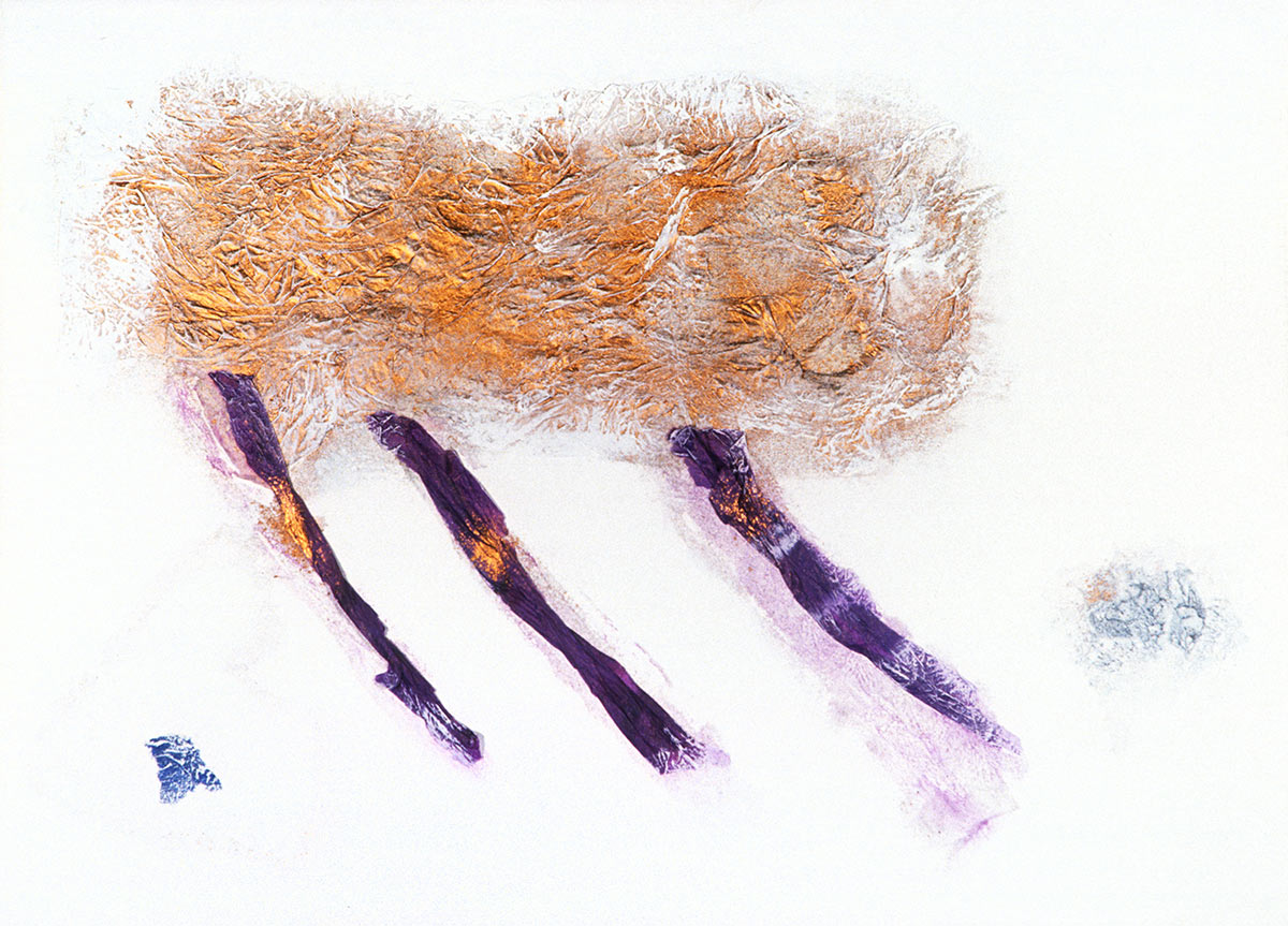 Abstract collage looking like a golden cloud with purple rain