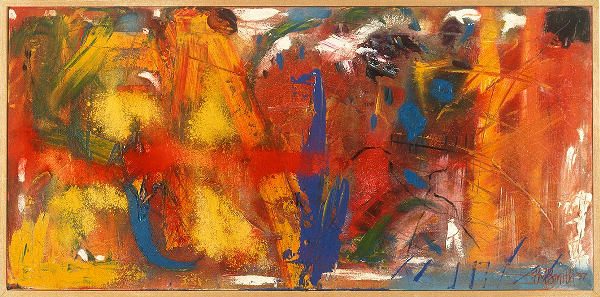 Abstract mixed media painting. Bright reds, yellows and blues.