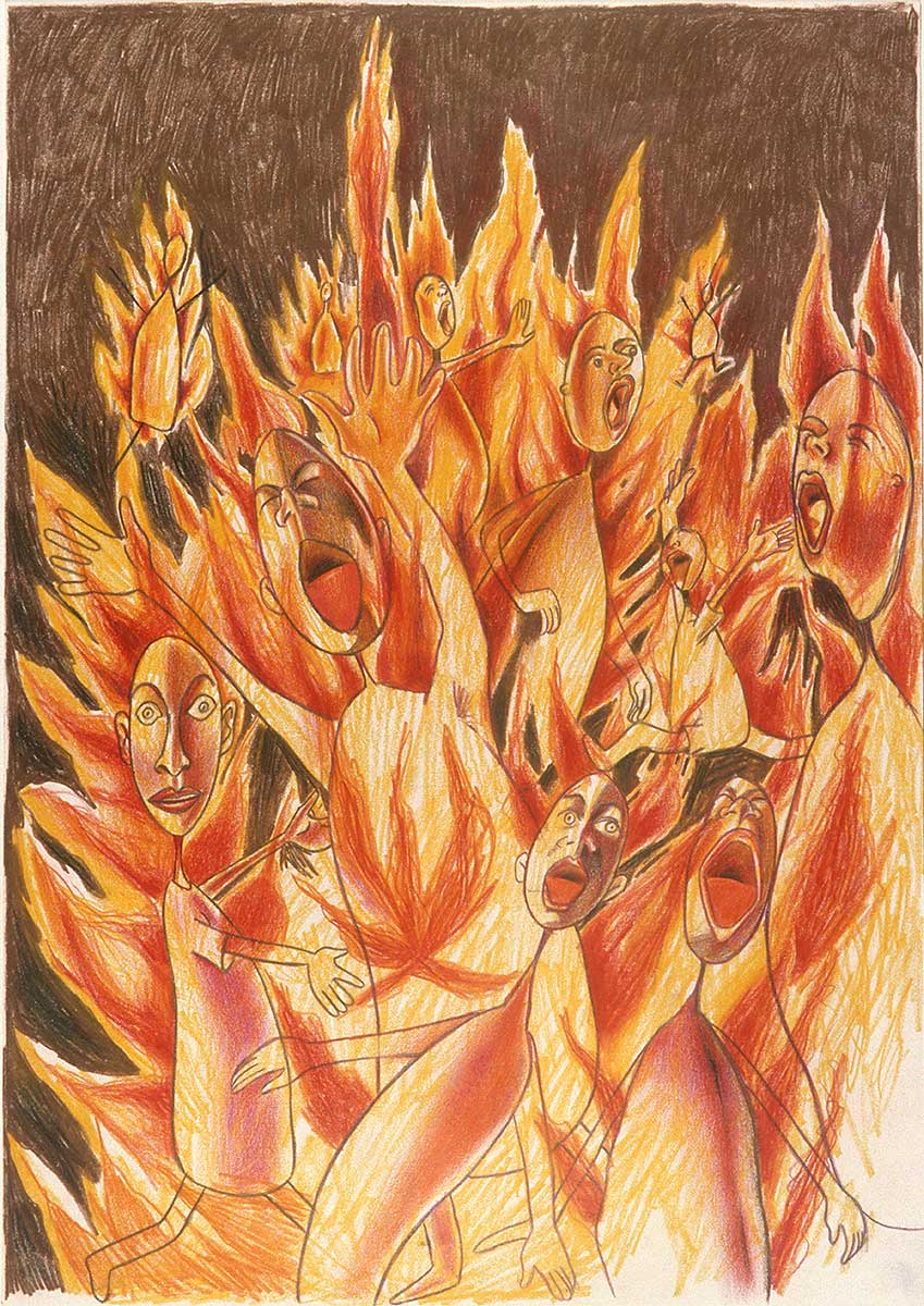 Lots of people screaming in fire.