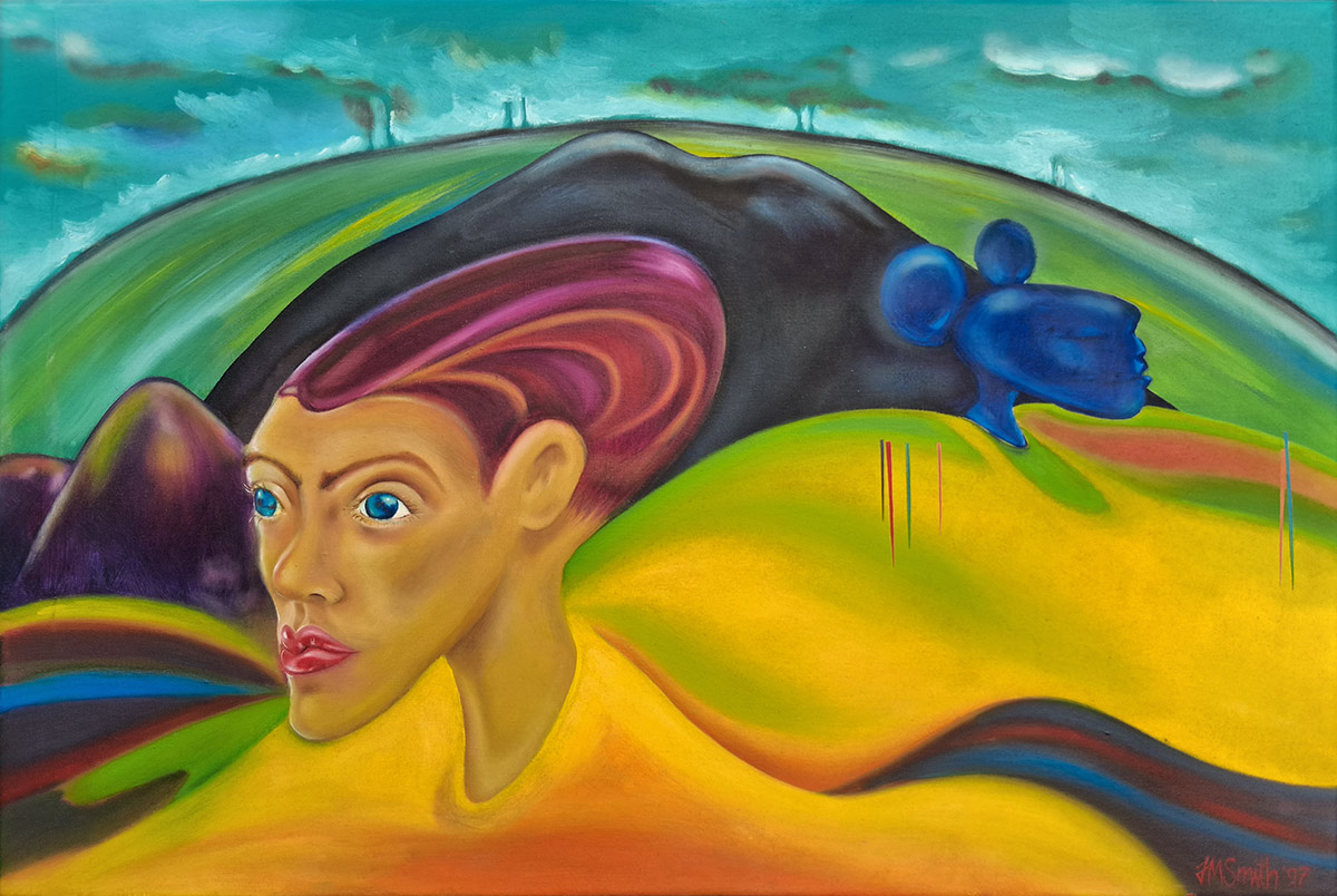 a womans elongated head and a cats head on a landscape