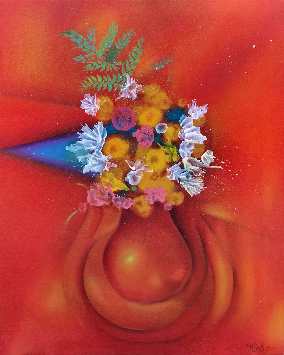 Vase of flowers on a red background