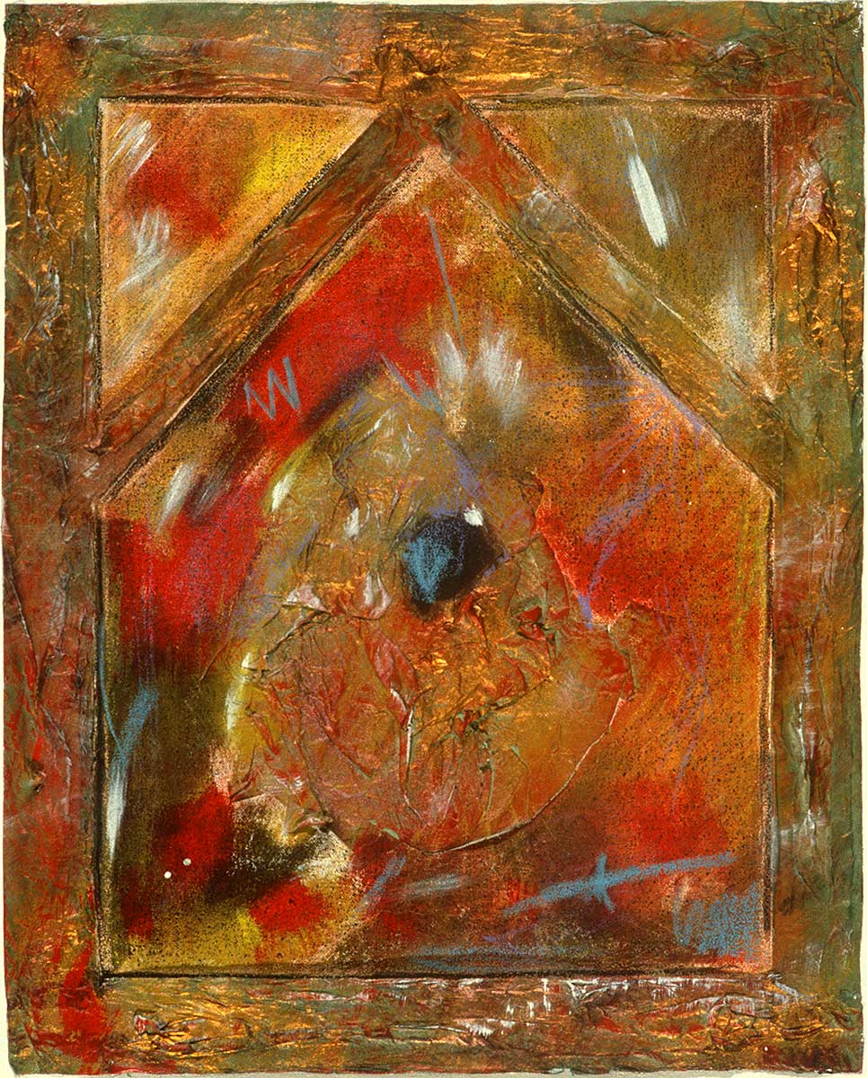 Abstract mixed media. Brown, red and gold.