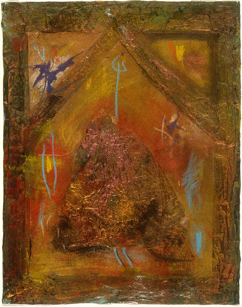 Abstract mixed media dark brown, gold and yellow