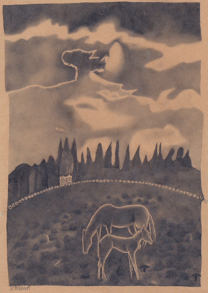 Two horses in a field with a strange house in the distance and trees and clouds. Black and white