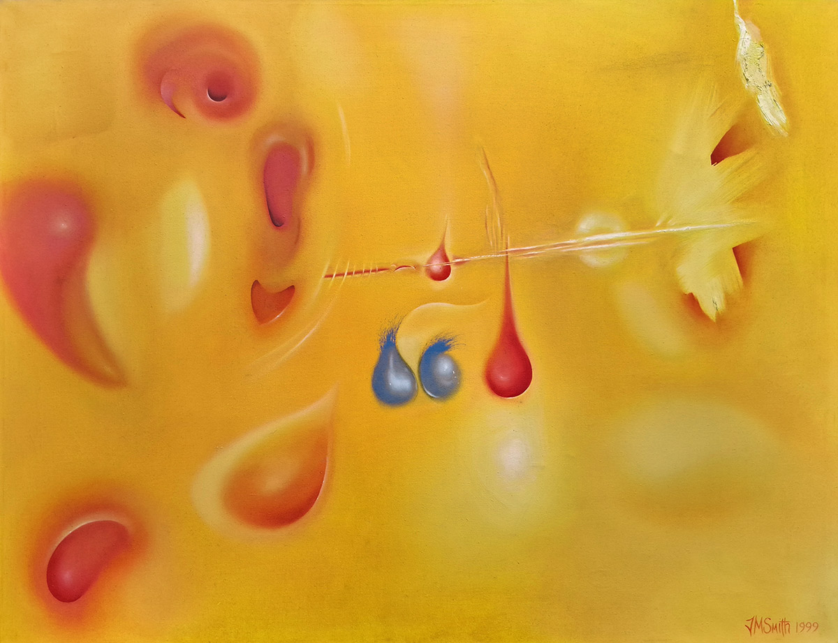 Abstract shaped in blue and red with a yellow background