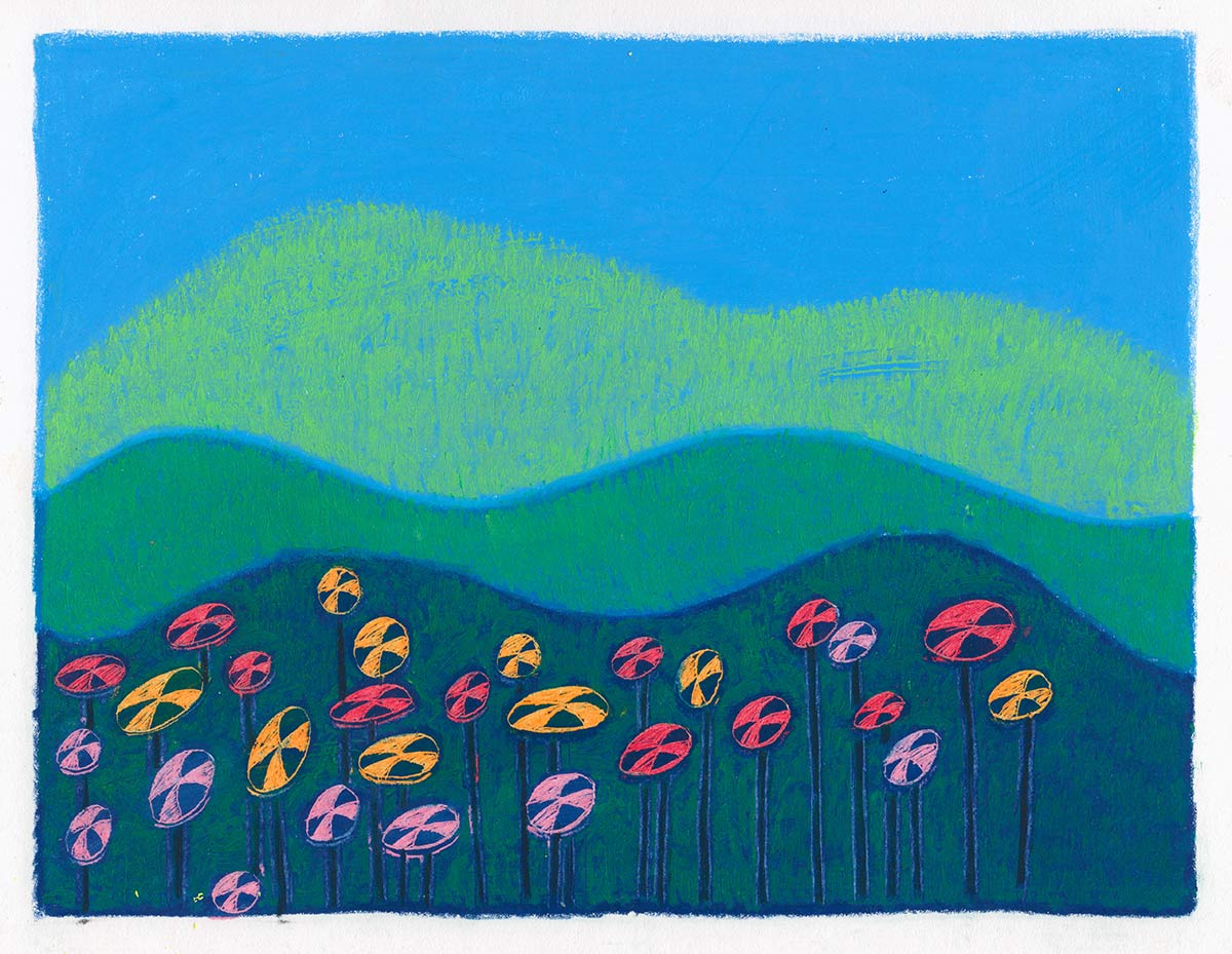 flowers with hills in background. Semi-abstract