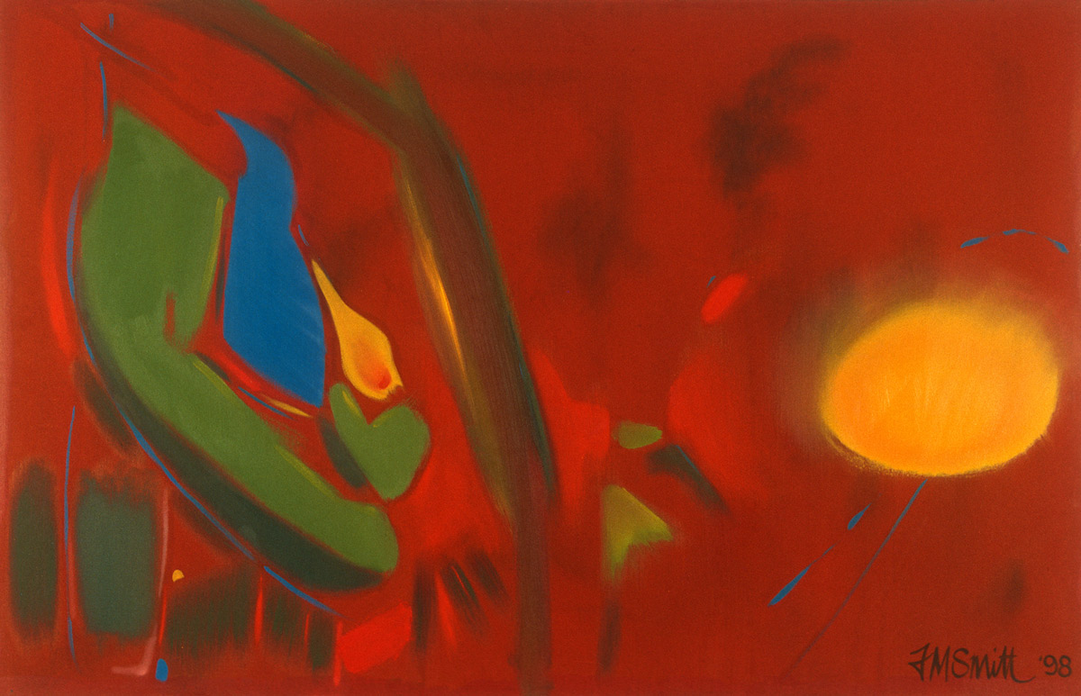 Abstract blue, yellow and green on a red background