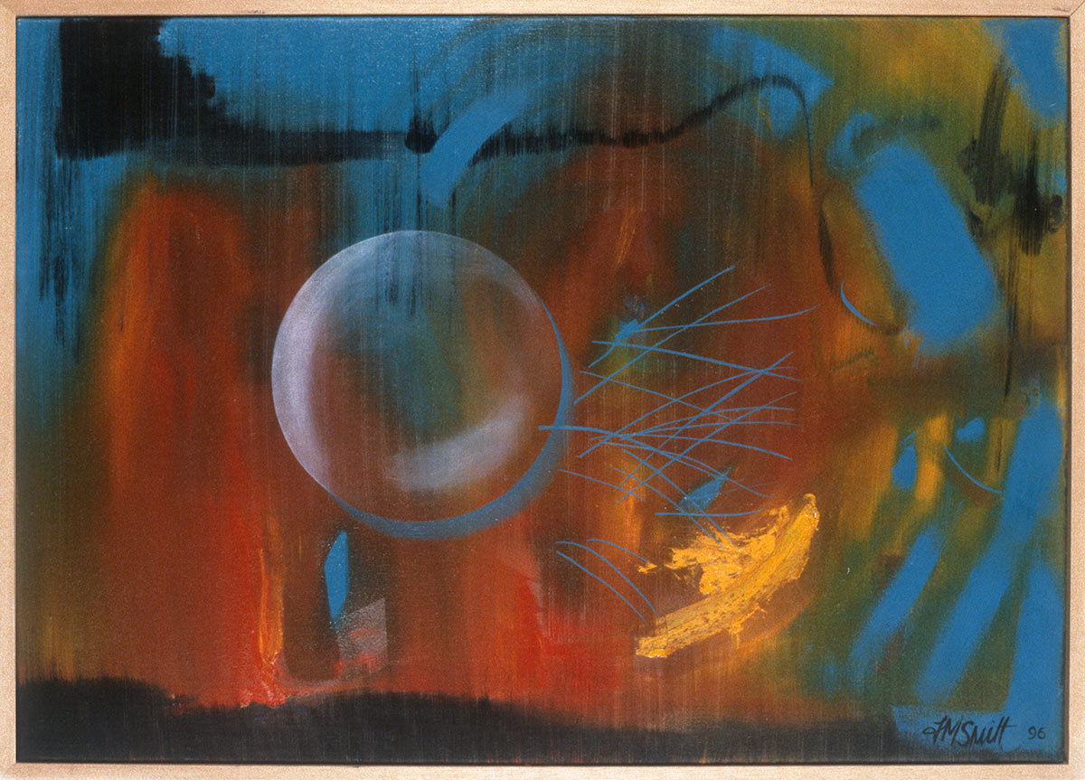 A white transparent sphere on an abstract red, yellow and blue background