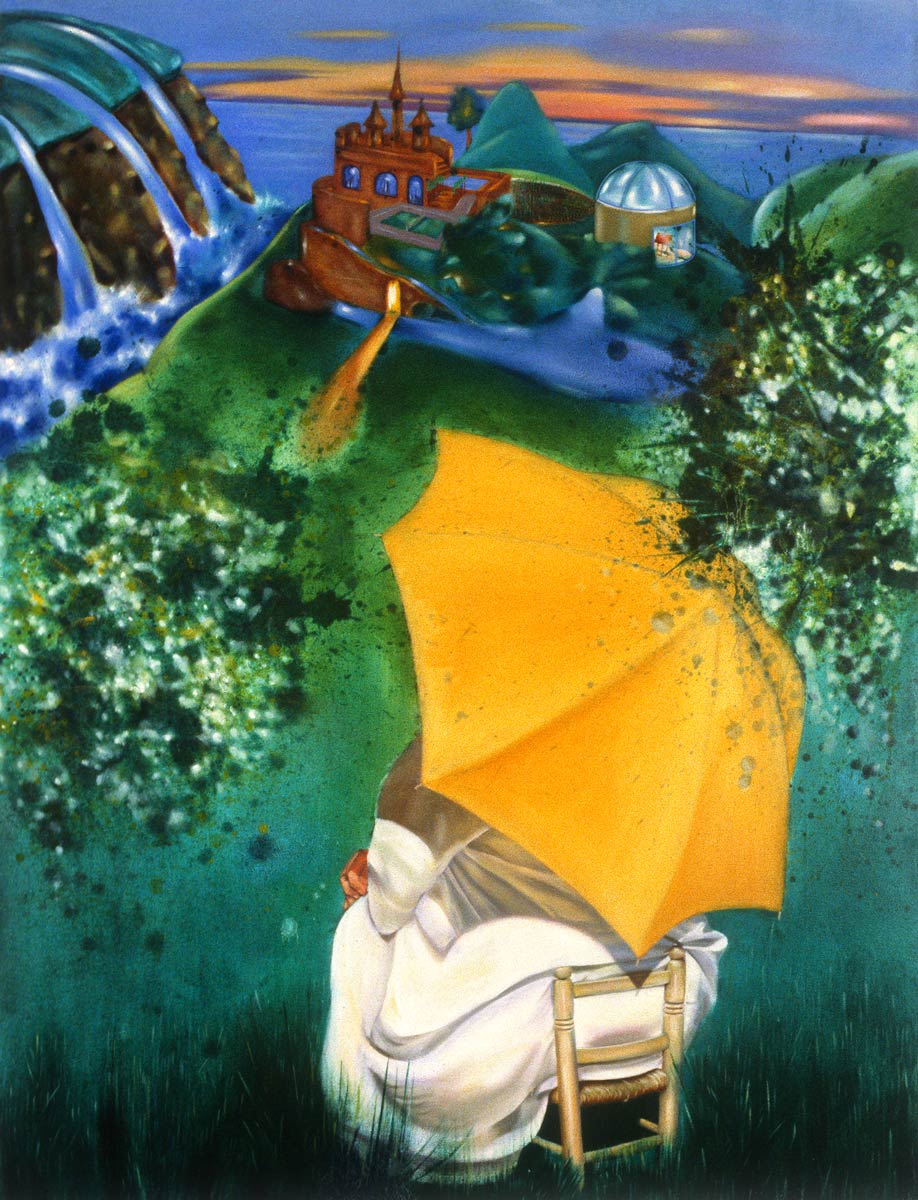 A large woman in white with a yellow umbrella sitting on a very small chair in a landscape looking at a castle and waterfalls in the distance