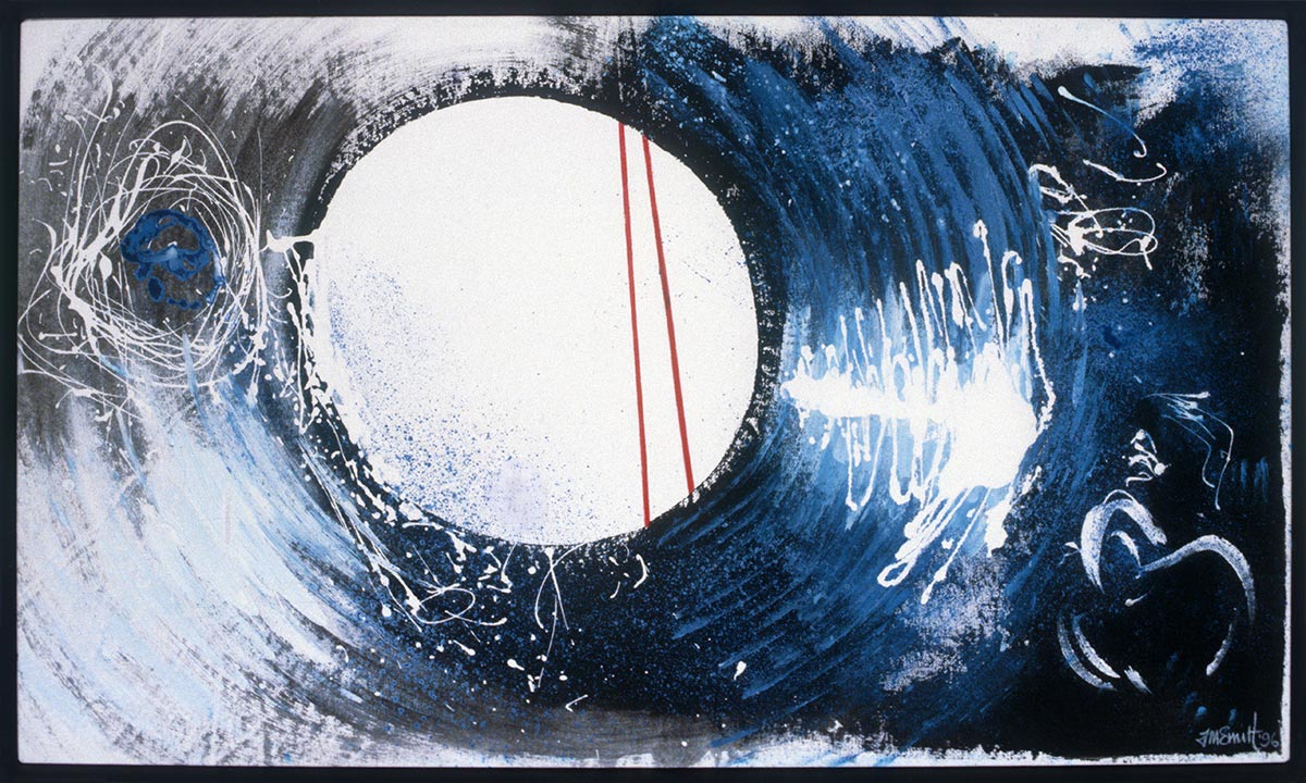 A white circle with red line through it. Black and blue swirls in the background